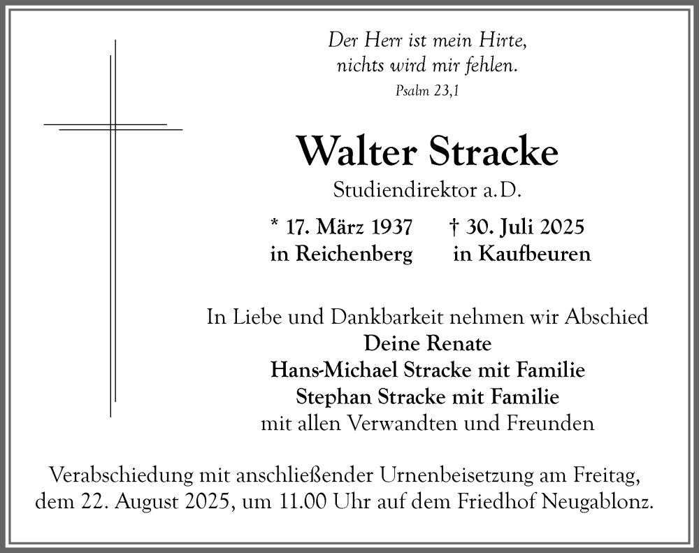  Traueranzeige für Walter Stracke vom 16.08.2025 aus Allgäuer Zeitung, Kaufbeuren/Buchloe