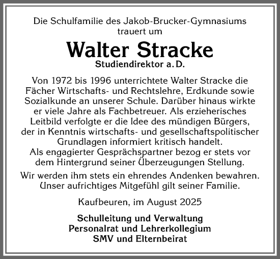 Traueranzeige von Walter Stracke von Allgäuer Zeitung, Kaufbeuren/Buchloe