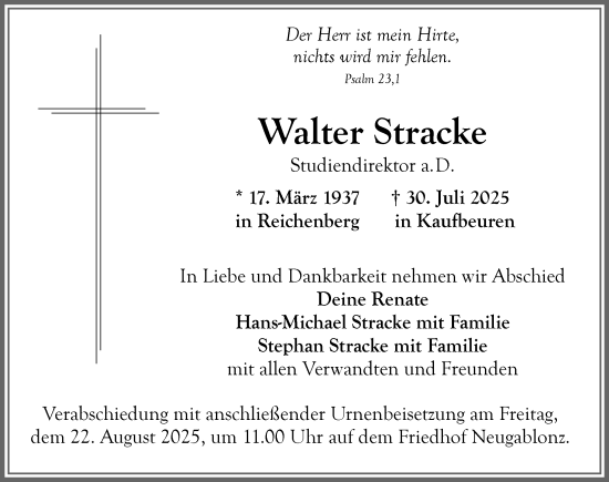 Traueranzeige von Walter Stracke von Allgäuer Zeitung, Kaufbeuren/Buchloe