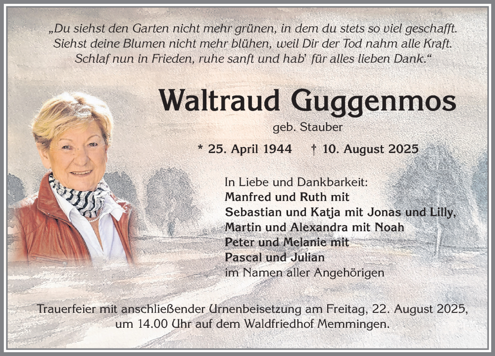  Traueranzeige für Waltraud Guggenmos vom 16.08.2025 aus Memminger Zeitung