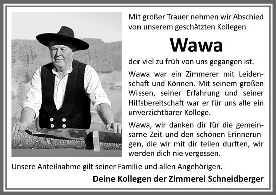 Traueranzeige von Wawa  von Allgäuer Zeitung, Füssen