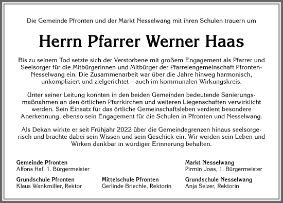 Traueranzeige von Werner Haas von Allgäuer Zeitung, Füssen