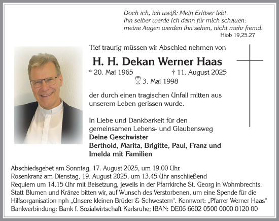 Traueranzeige von Werner Haas von Der Westallgäuer