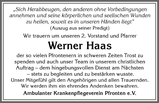 Traueranzeige von Werner Haas von Allgäuer Zeitung, Füssen