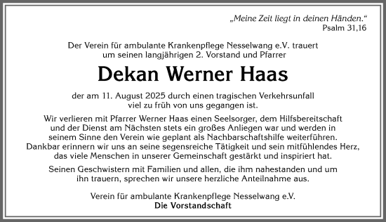 Traueranzeige von Werner Haas von Allgäuer Zeitung, Füssen