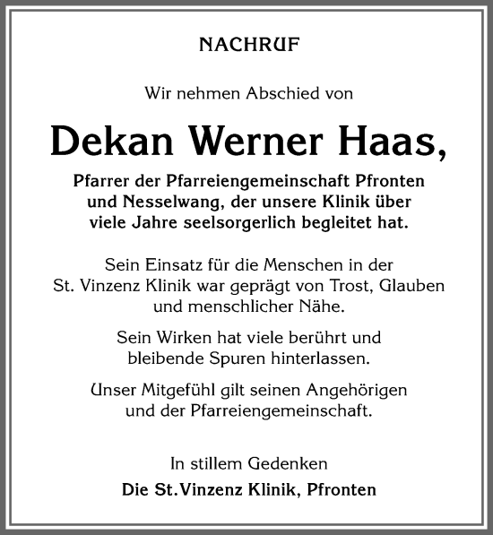 Traueranzeige von Werner Haas von Allgäuer Zeitung, Füssen