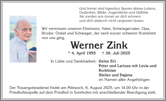 Traueranzeige von Werner Zink von Allgäuer Anzeigeblatt