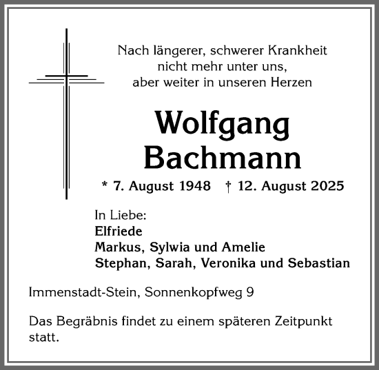 Traueranzeige von Wolfgang Bachmann von Allgäuer Anzeigeblatt