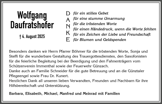 Traueranzeige von Wolfgang Daufratshofer von Allgäuer Zeitung, Marktoberdorf