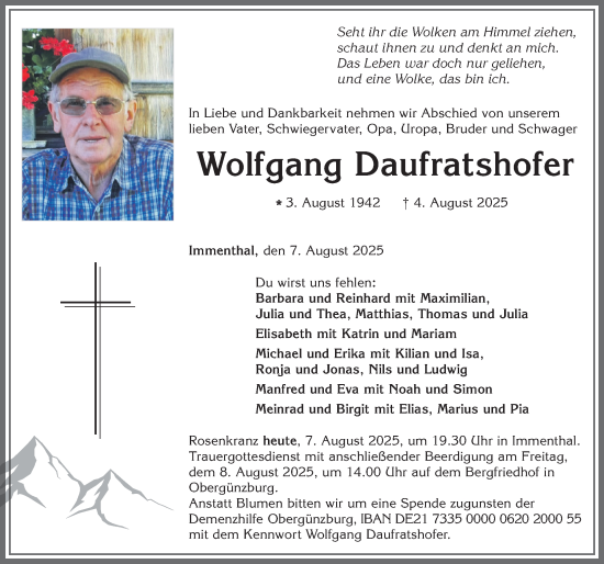 Traueranzeige von Wolfgang Daufratshofer von Allgäuer Zeitung, Marktoberdorf