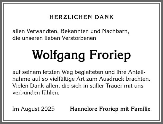 Traueranzeige von Wolfgang Froriep von Allgäuer Anzeigeblatt