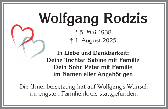 Traueranzeige von Wolfgang Rodzis von Allgäuer Zeitung, Kaufbeuren/Buchloe