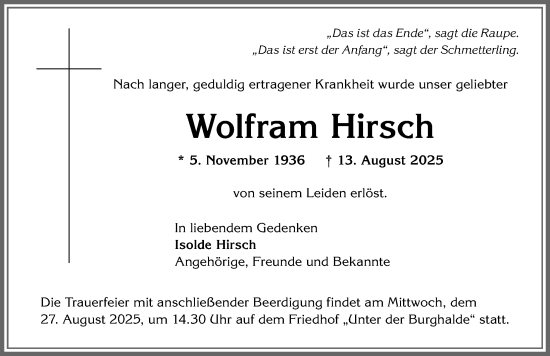 Traueranzeige von Wolfram Hirsch von Allgäuer Zeitung,Kempten