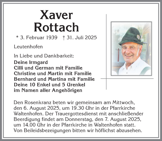 Traueranzeige von Xaver Rottach von Allgäuer Zeitung,Kempten