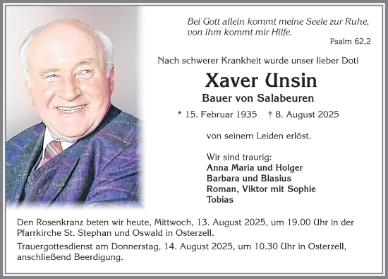 Traueranzeige von Xaver Unsin von Allgäuer Zeitung, Kaufbeuren/Buchloe
