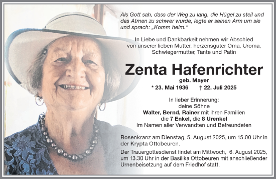 Traueranzeige von Zenta Hafenrichter von Augsburger Allgemeine, Illertisser Zeitung