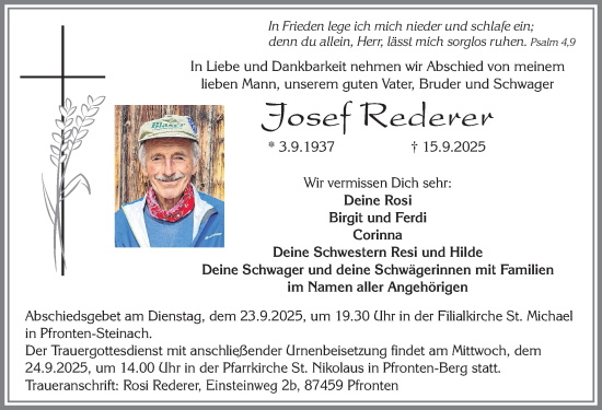 Traueranzeige von Josef Rederer von Allgäuer Anzeigeblatt