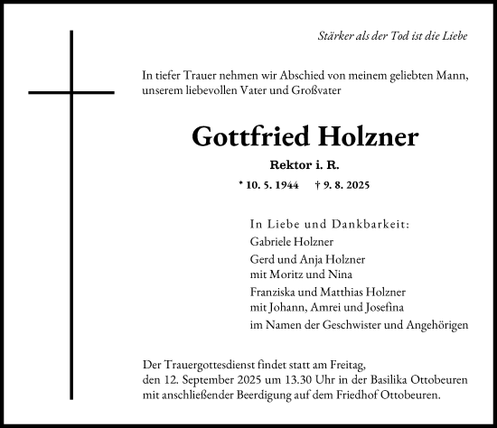 Traueranzeige von Gottfried Holzner von Memminger Zeitung 