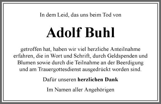Traueranzeige von Adolf Buhl von Allgäuer Zeitung, Marktoberdorf