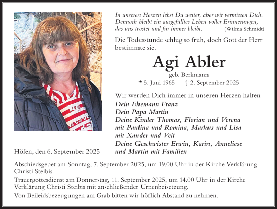 Traueranzeige von Agi Abler von Der Westallgäuer