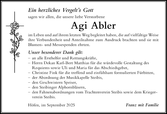 Traueranzeige von Agi Abler von Der Westallgäuer