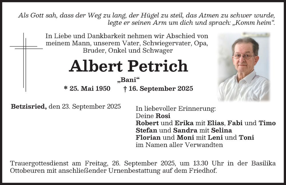  Traueranzeige für Albert Petrich vom 23.09.2025 aus Memminger Zeitung