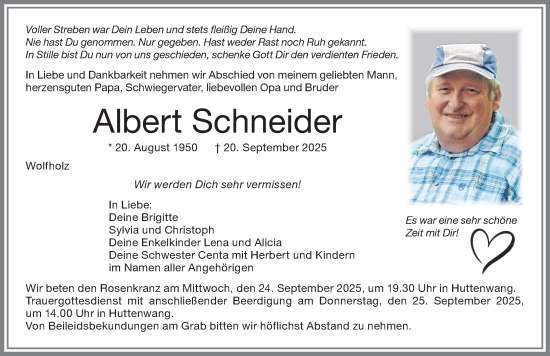 Traueranzeige von Albert Schneider von Allgäuer Zeitung, Marktoberdorf