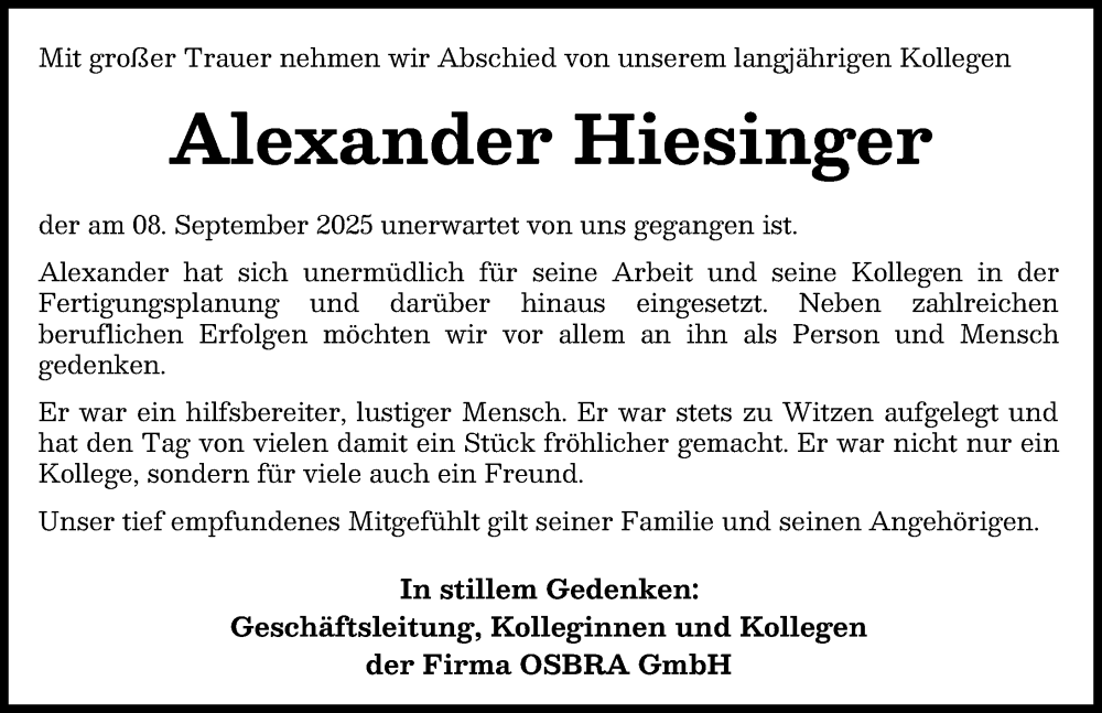  Traueranzeige für Alexander Hiesinger vom 25.09.2025 aus Allgäuer Zeitung, Marktoberdorf
