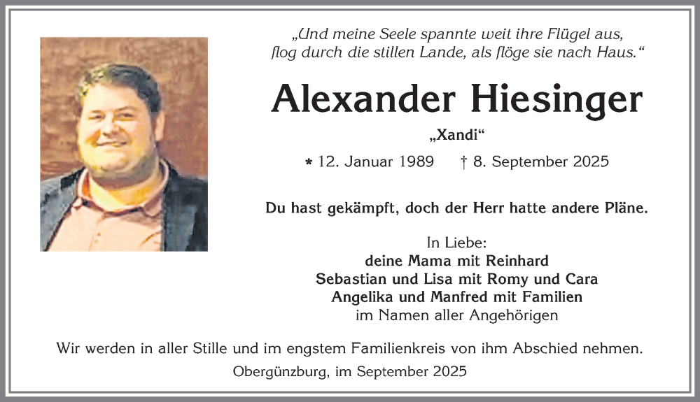  Traueranzeige für Alexander Hiesinger vom 20.09.2025 aus Allgäuer Zeitung, Marktoberdorf