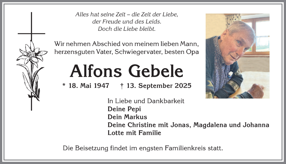  Traueranzeige für Alfons Gebele vom 20.09.2025 aus Allgäuer Anzeigeblatt