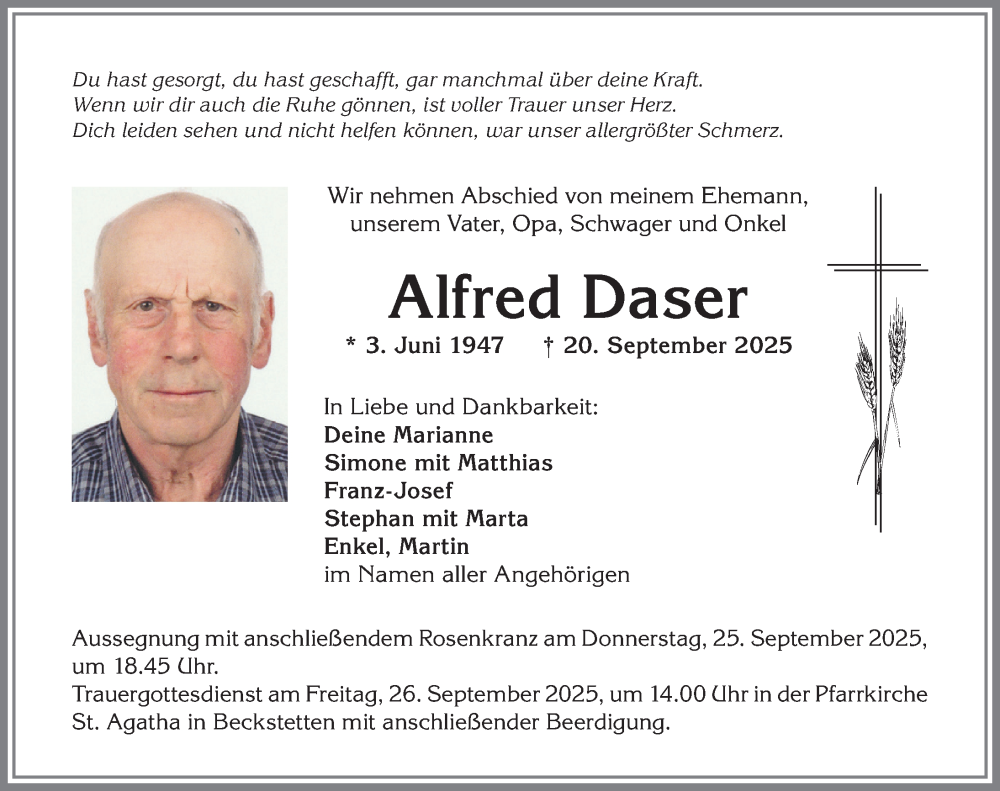 Traueranzeige für Alfred Daser vom 24.09.2025 aus Allgäuer Zeitung, Kaufbeuren/Buchloe