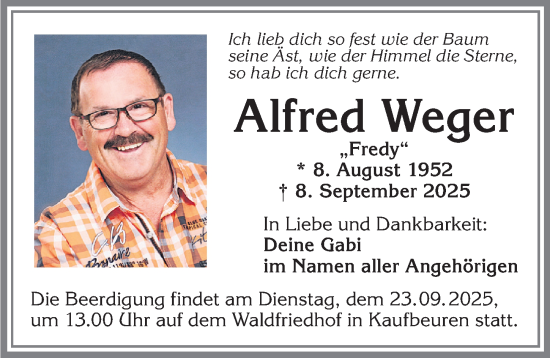 Traueranzeige von Alfred Weger von Allgäuer Zeitung, Kaufbeuren/Buchloe