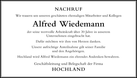 Traueranzeige von Alfred Wiedemann von Der Westallgäuer