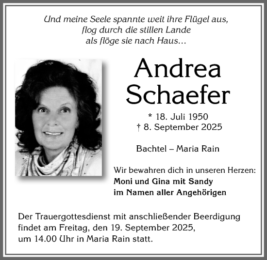 Traueranzeige von Andrea Schaefer von Allgäuer Zeitung,Kempten