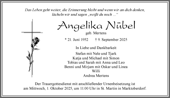 Traueranzeige von Angelika Nübel von Allgäuer Zeitung, Marktoberdorf