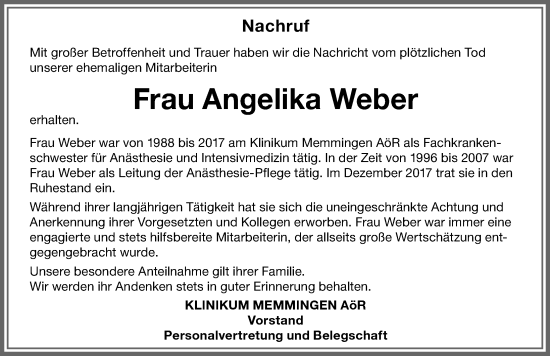 Traueranzeige von Angelika Weber von Memminger Zeitung
