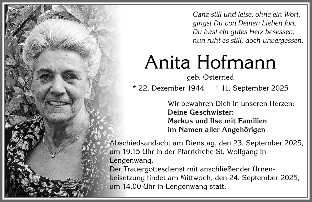  Traueranzeige für Anita Hofmann vom 20.09.2025 aus Allgäuer Zeitung, Füssen