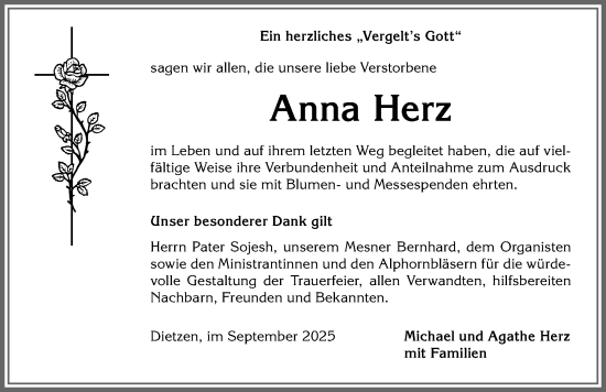 Traueranzeige von Anna Herz von Allgäuer Anzeigeblatt