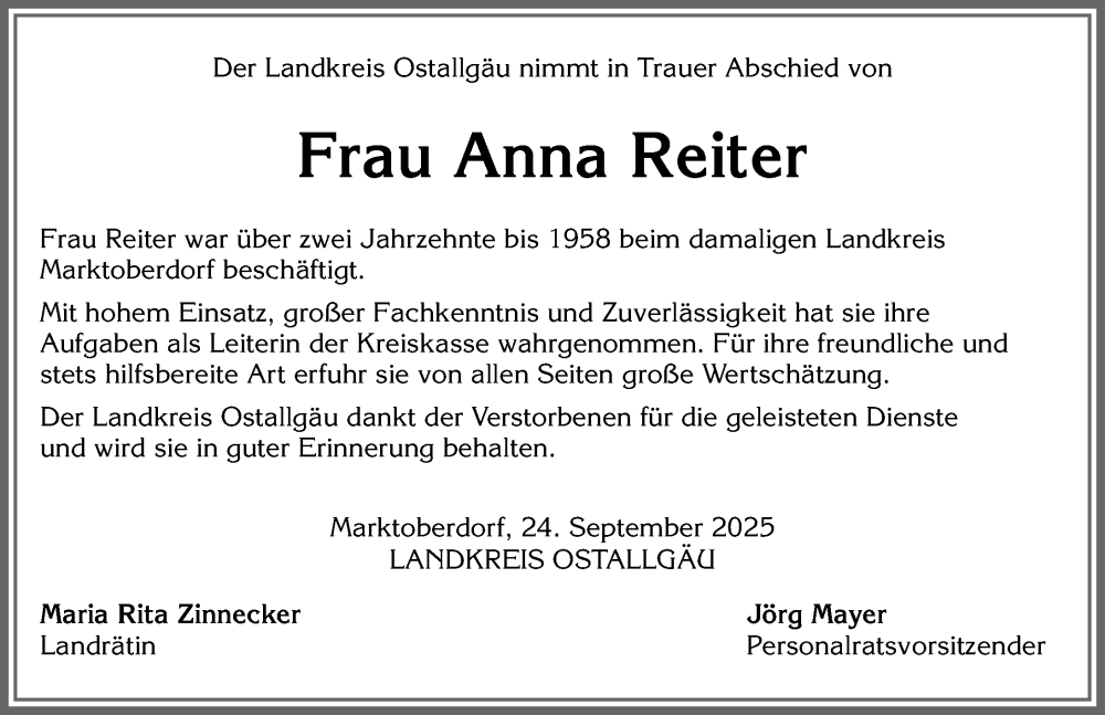  Traueranzeige für Anna Reiter vom 24.09.2025 aus Allgäuer Zeitung, Marktoberdorf