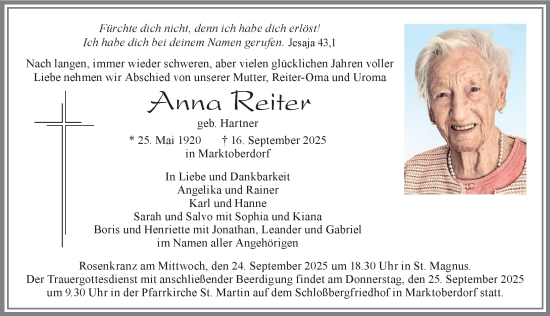 Traueranzeige von Anna Reiter von Allgäuer Zeitung, Marktoberdorf