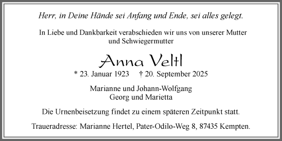 Traueranzeige von Anna Veltl von Allgäuer Zeitung, Füssen