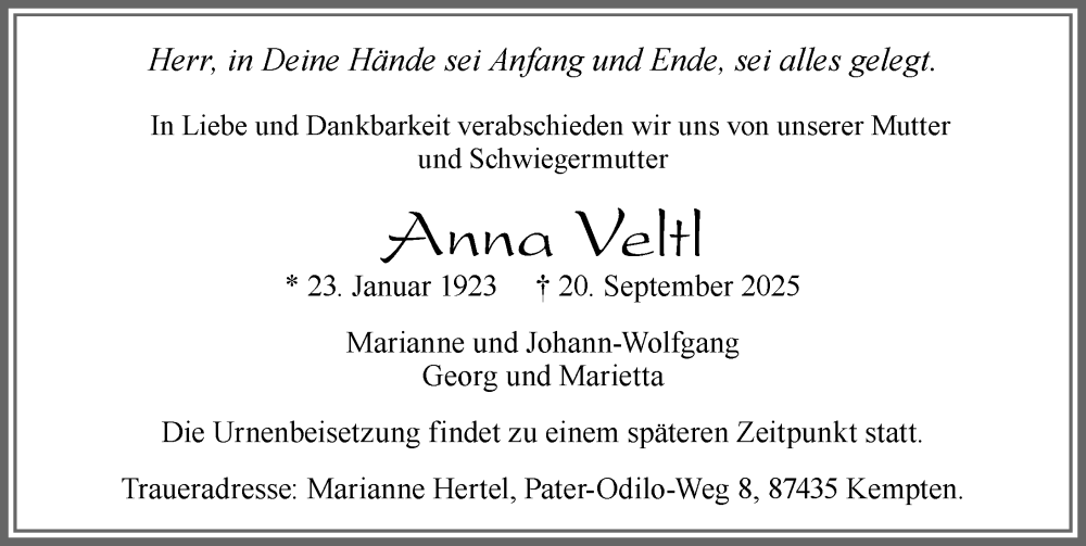  Traueranzeige für Anna Veltl vom 25.09.2025 aus Allgäuer Zeitung, Füssen