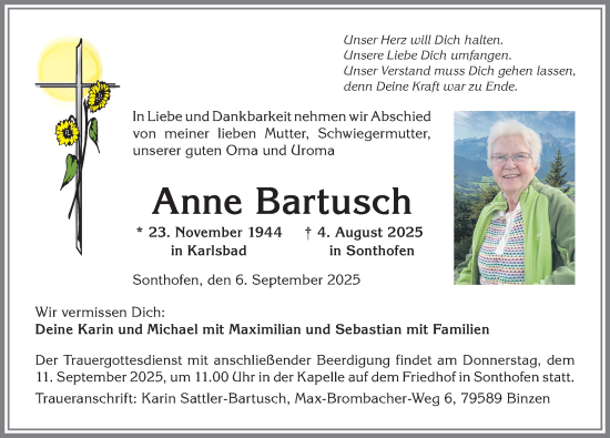 Traueranzeige von Anne Bartusch von Allgäuer Anzeigeblatt