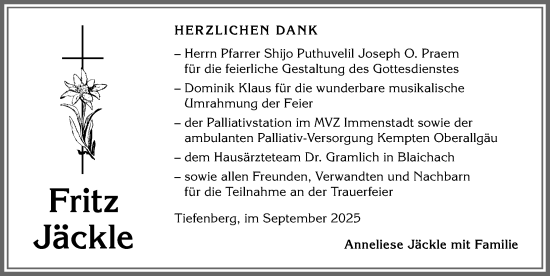 Traueranzeige von Anneliese Jäckle von Allgäuer Anzeigeblatt