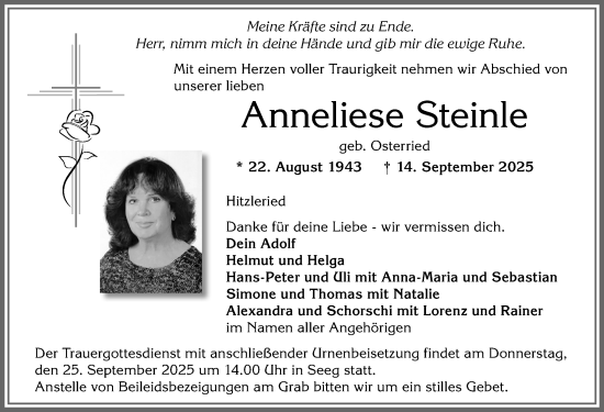 Traueranzeige von Anneliese Steinle von Allgäuer Zeitung, Füssen