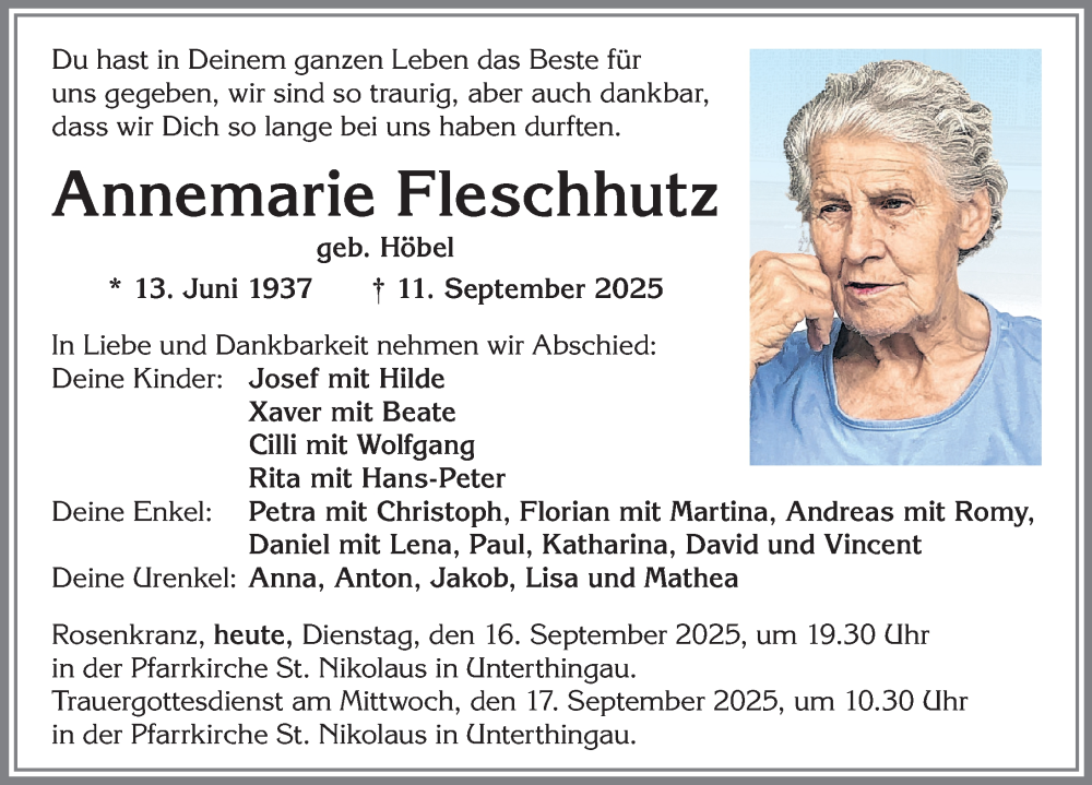  Traueranzeige für Annemarie Fleschhutz vom 16.09.2025 aus Allgäuer Zeitung, Marktoberdorf