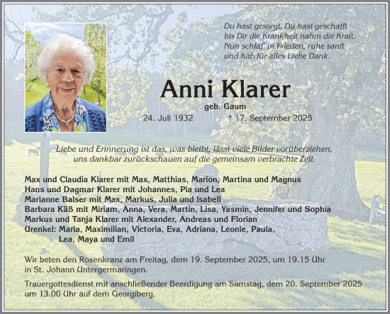 Traueranzeige von Anni Klarer von Allgäuer Zeitung, Kaufbeuren/Buchloe