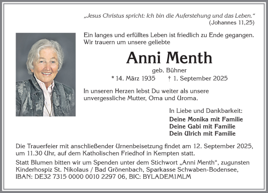 Traueranzeige von Anni Menth von Allgäuer Zeitung,Kempten