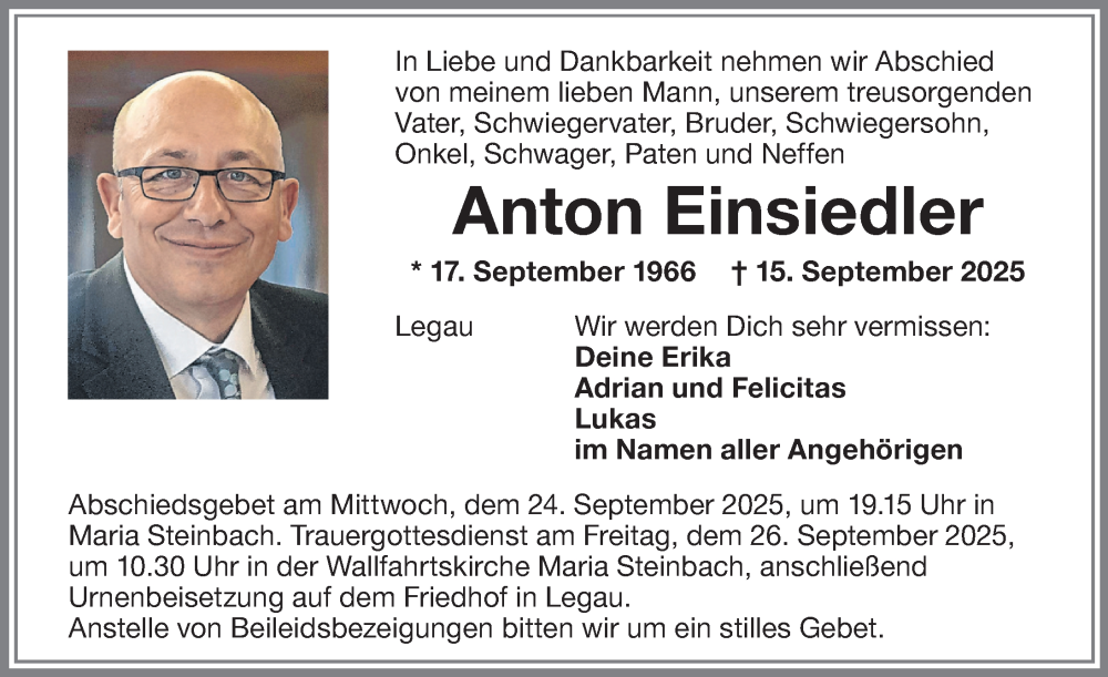  Traueranzeige für Anton Einsiedler vom 20.09.2025 aus Memminger Zeitung