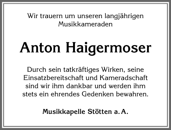 Traueranzeige von Anton Haigermoser von Allgäuer Zeitung, Marktoberdorf